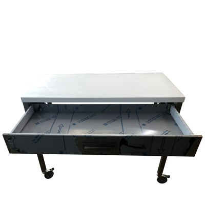 Rolltisch Klartext Metallgestell mit wei� lackierter Platte, Rollen und Schublade
