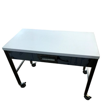 Rolltisch Klartext Metallgestell mit wei� lackierter Platte, Rollen und Schublade